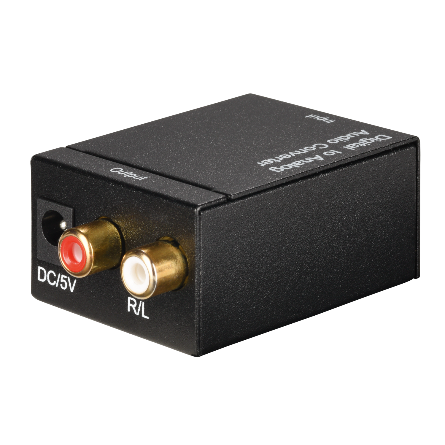 Black digital to analog audio converter with red and white RCA connectors.