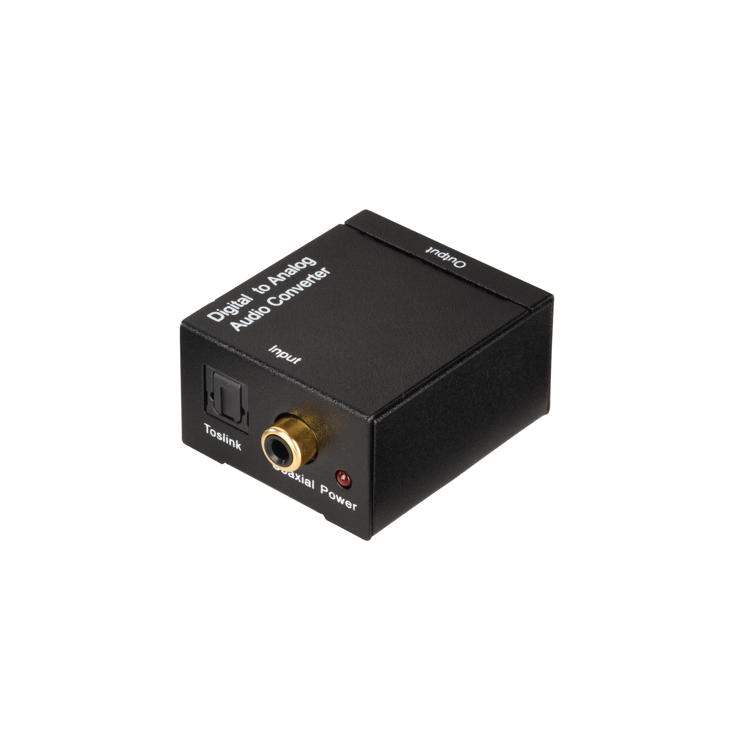 A black digital to analog audio converter. Text: Digital to Analog Audio Converter.