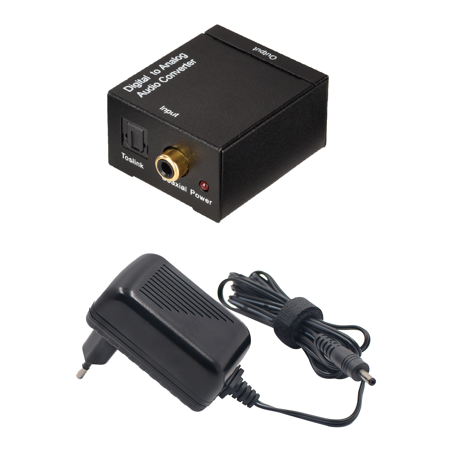 Black Digital to Analog Audio Converter with black power adapter and cable.