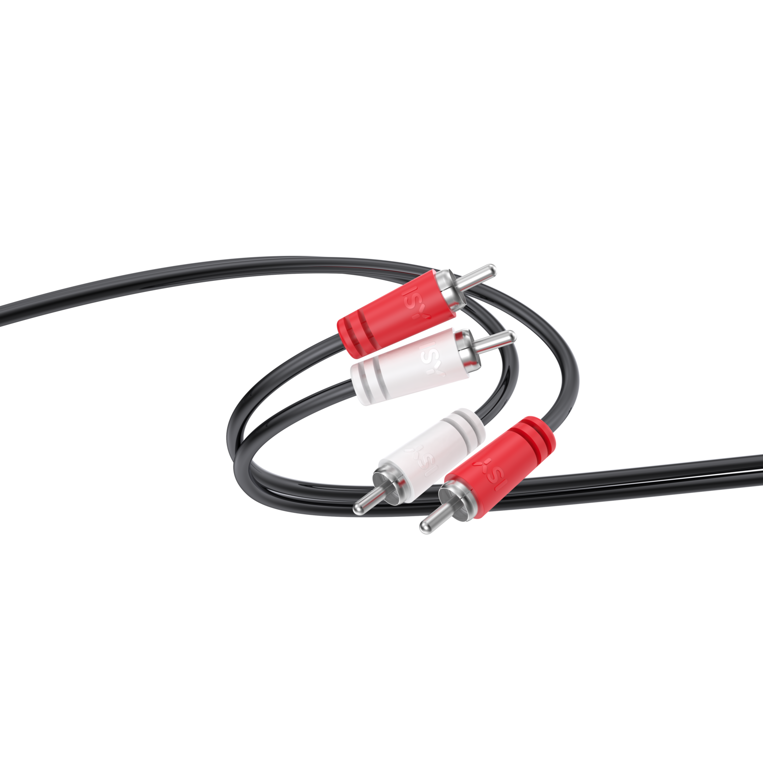 Gros plan de deux paires de câbles audio RCA avec connecteurs rouges et blancs, fond noir.