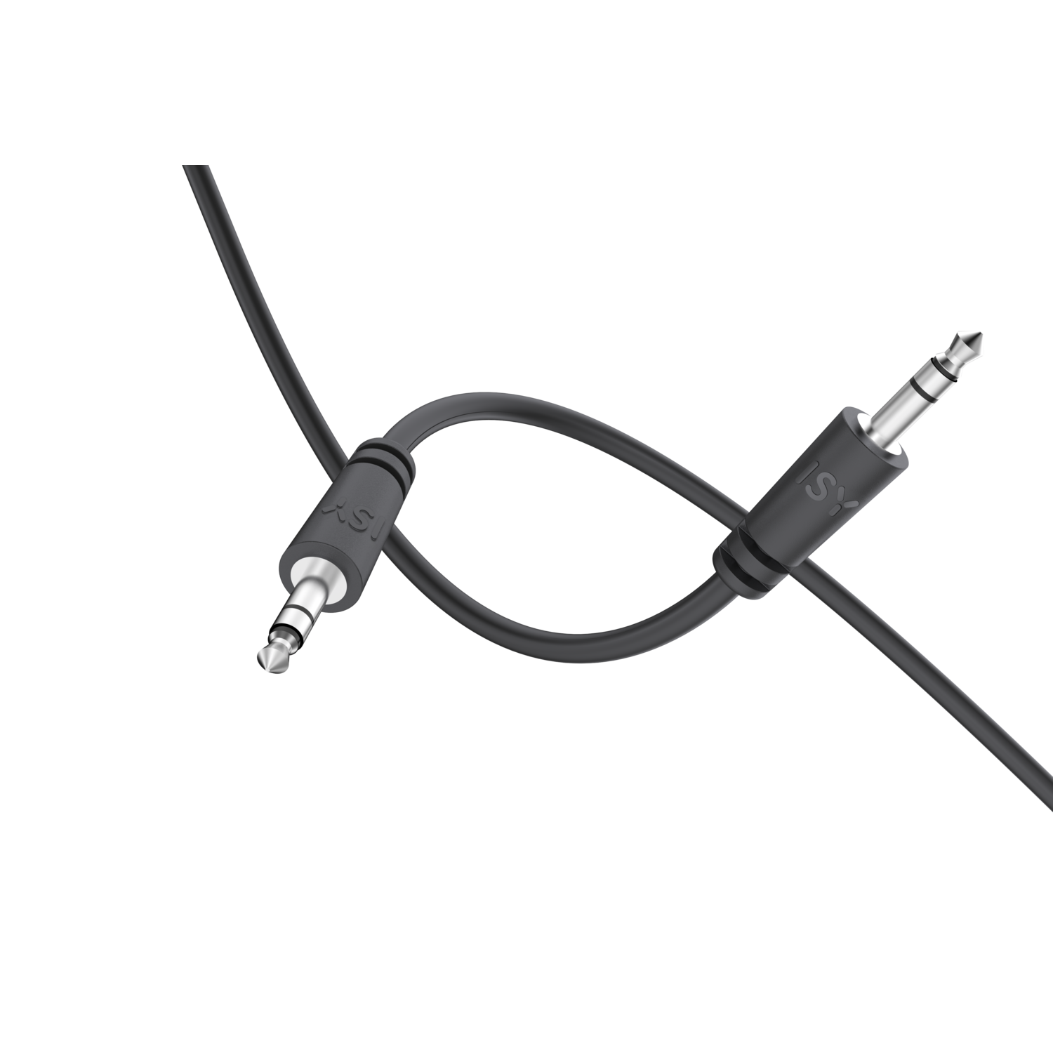 Two black audio jacks connected by a black cable, against a black background.