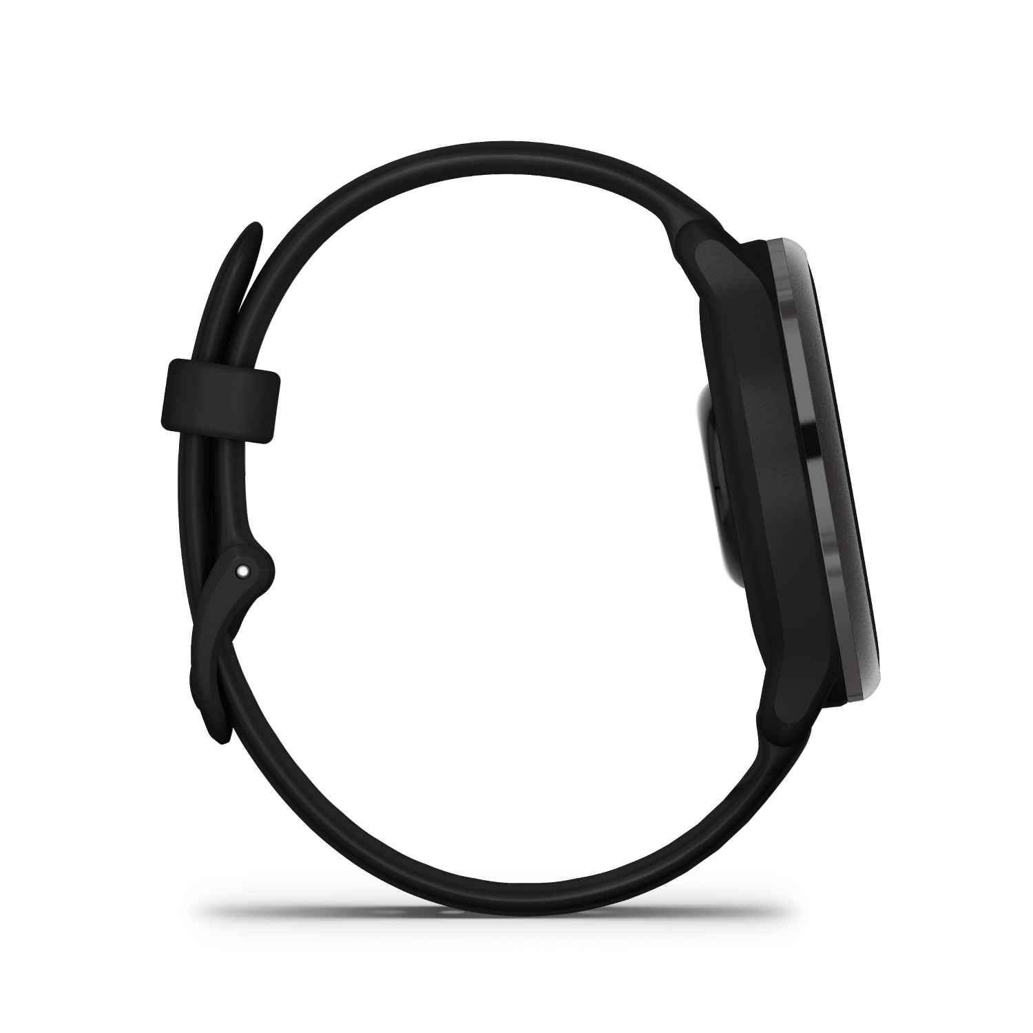 Vista de perfil lateral de un smartwatch Garmin negro con una correa negra.