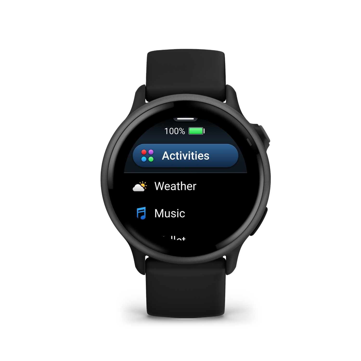 Un reloj inteligente negro con una pantalla circular que muestra 'Actividades', 'Clima' y 'Música'.
