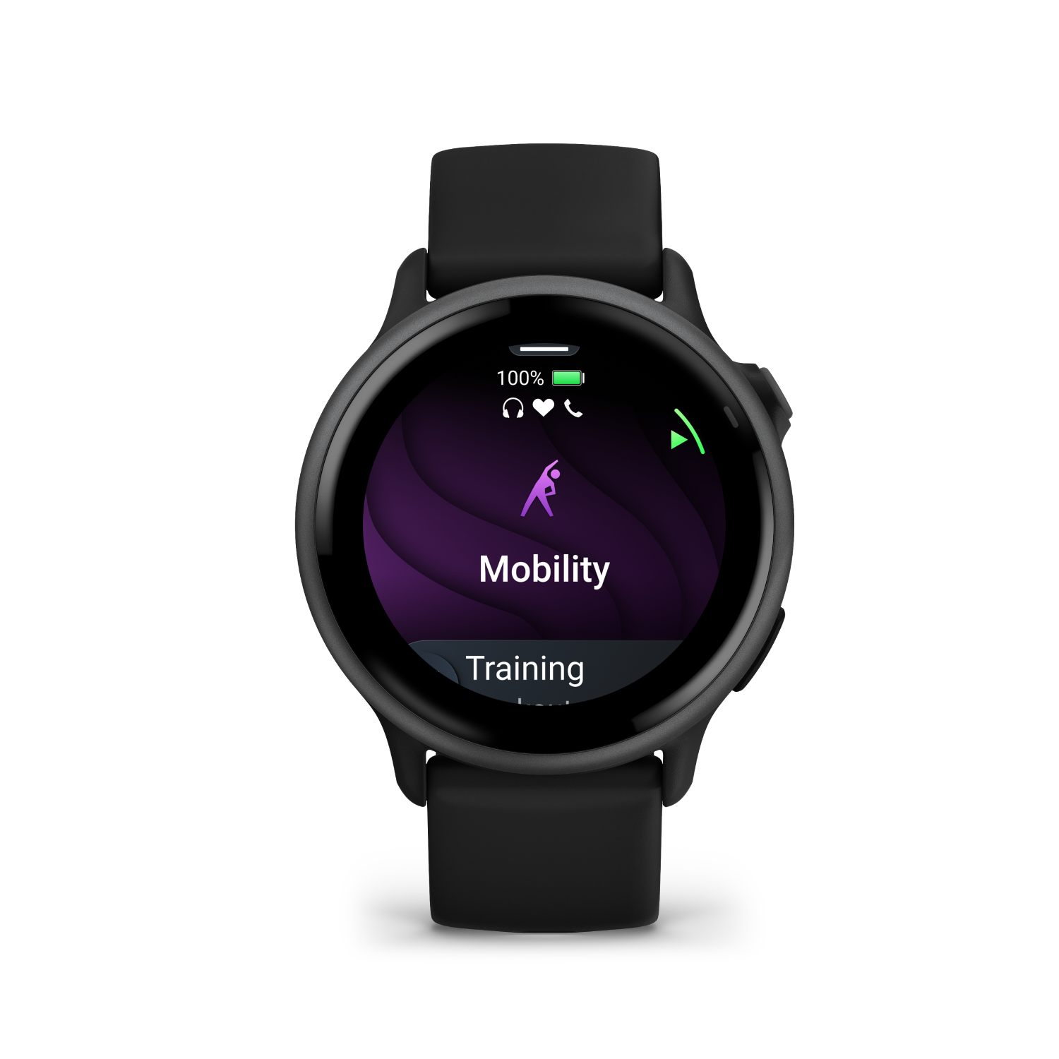 Un reloj inteligente negro muestra un gráfico de entrenamiento de movilidad. El reloj muestra una figura morada y datos.