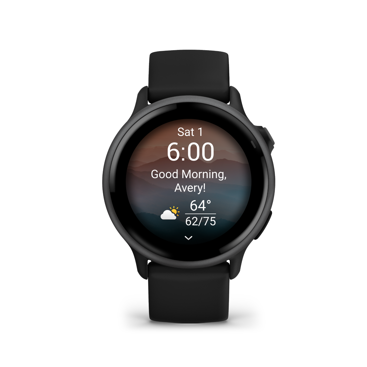 Un reloj inteligente negro con pantalla circular. La pantalla muestra la fecha, hora, clima y temperatura.