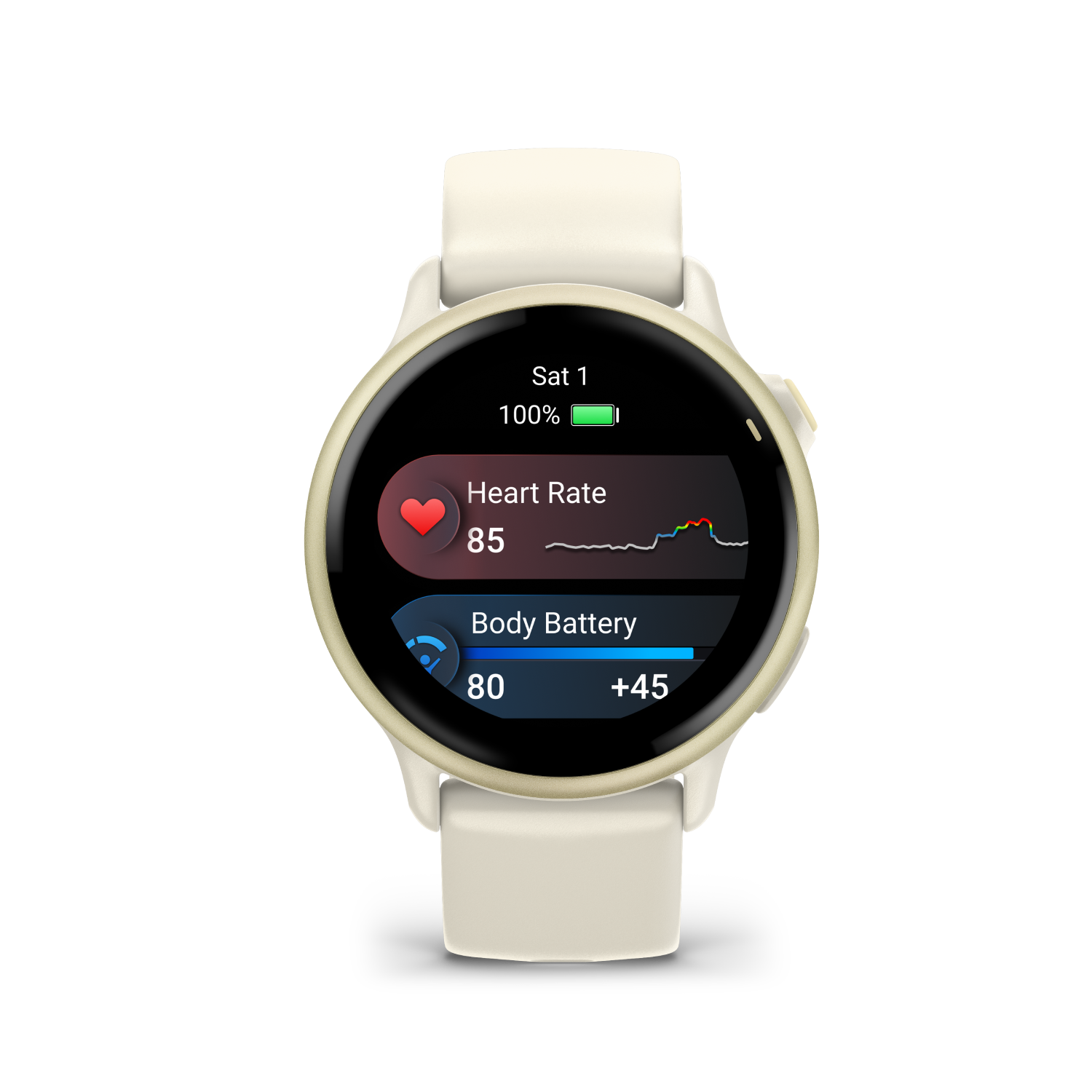 Smartwatch crema, pantalla negra. Muestra frecuencia cardíaca (85), batería (80). Fondo negro.
