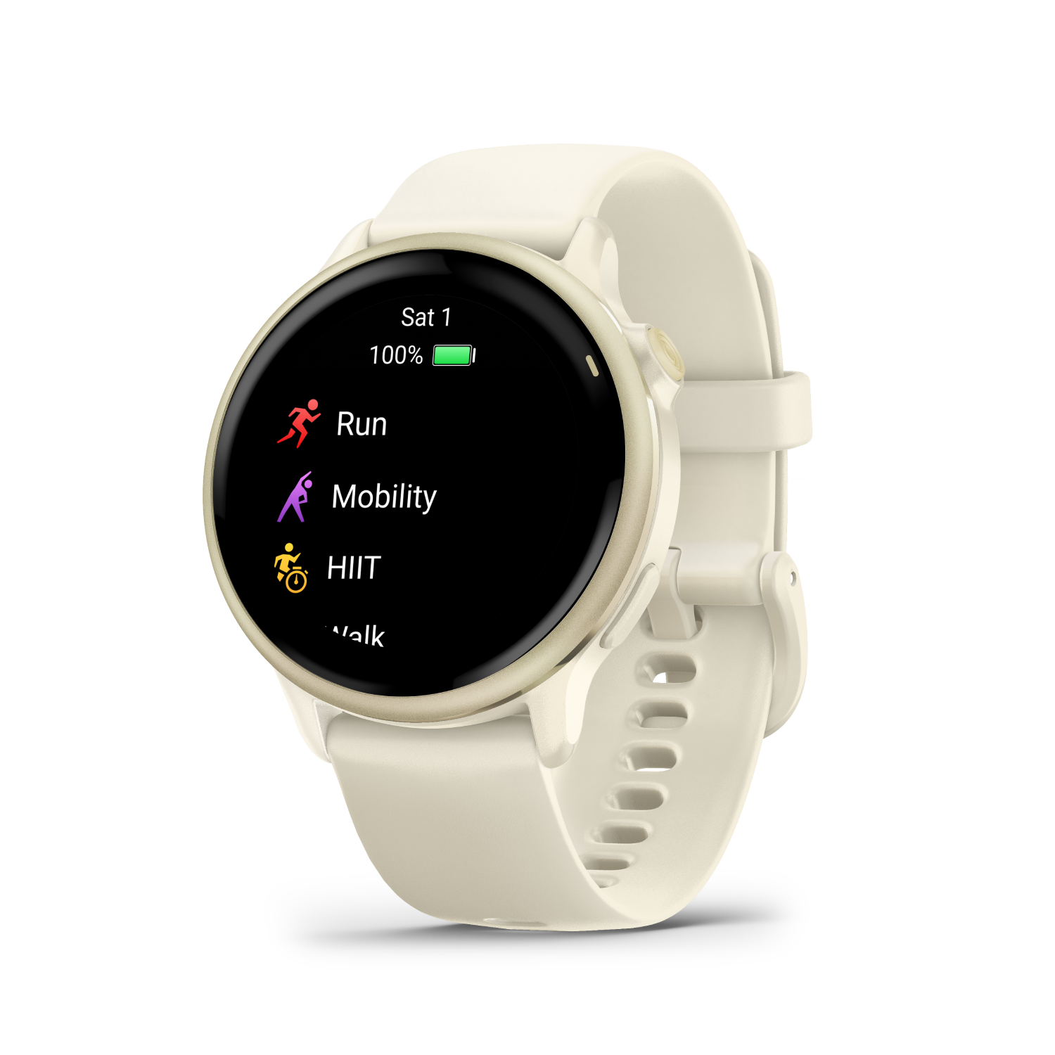 Reloj inteligente mostrando iconos de correr, movilidad, HIIT y caminar, con porcentaje de batería.