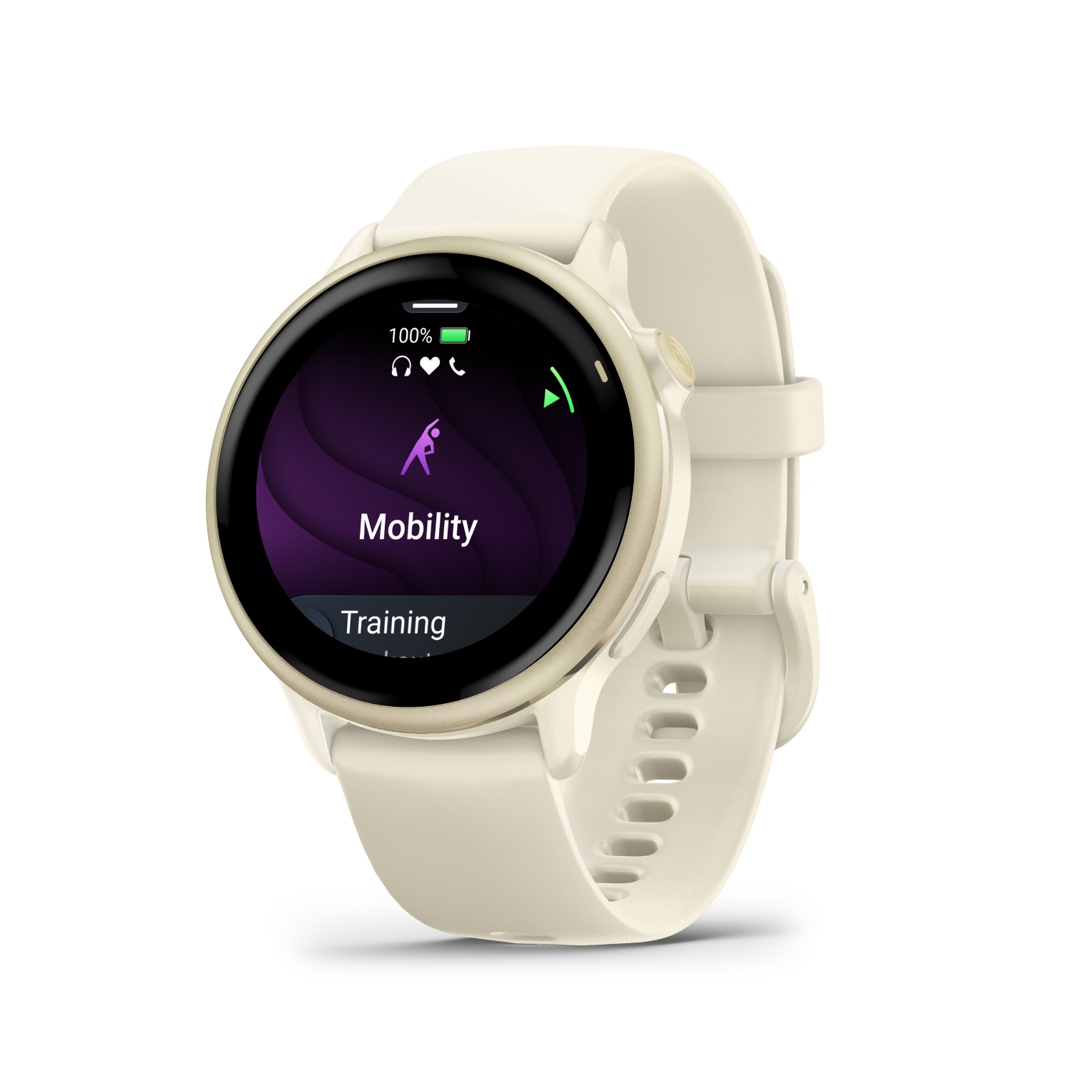 Reloj inteligente crema muestra pantalla de entrenamiento de movilidad.