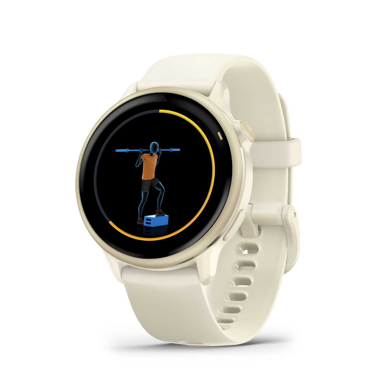 Un reloj inteligente color crema con una pantalla que muestra una animación de levantamiento de pesas.