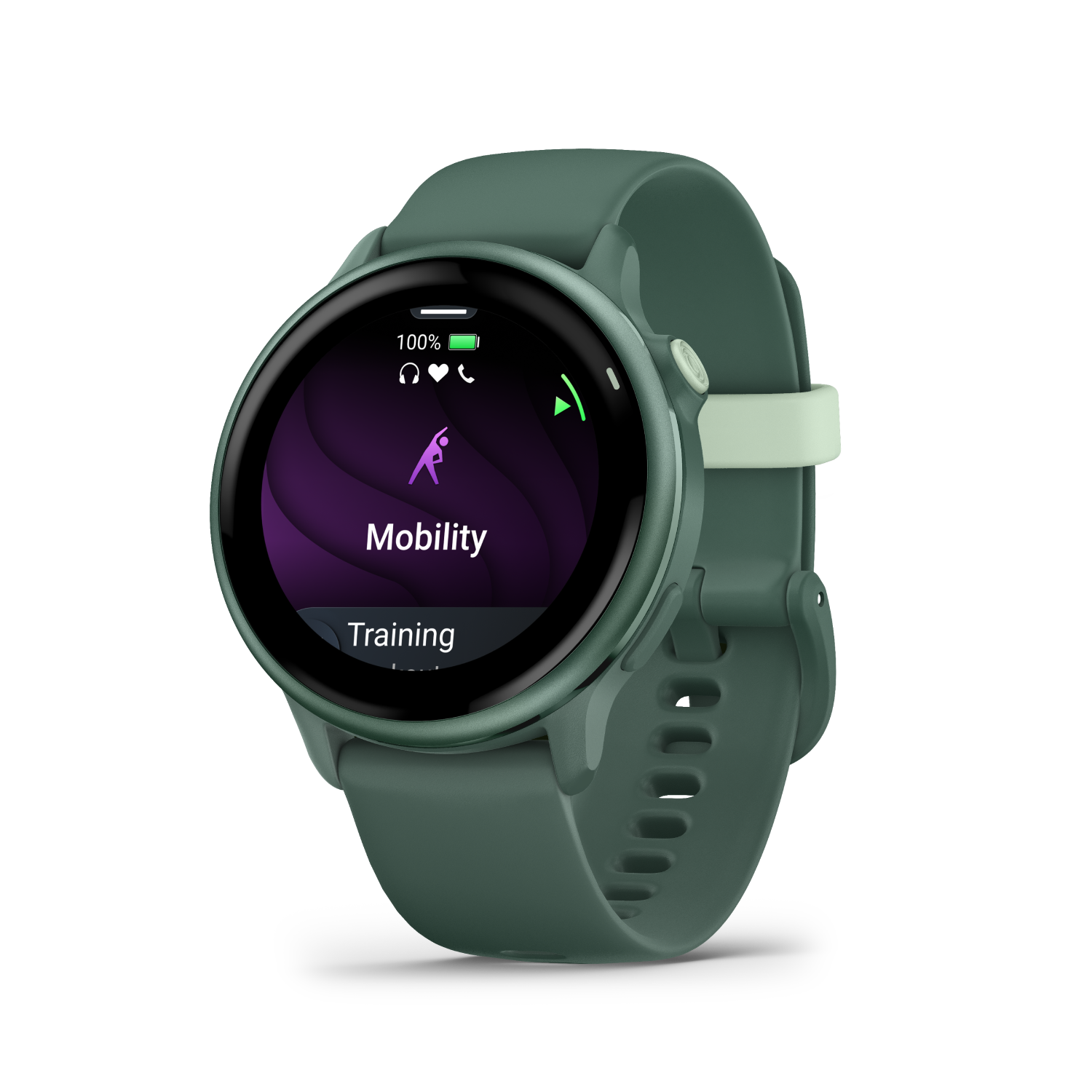 Smartwatch verde con pantalla negra que muestra 'Movilidad'. Fondo negro.