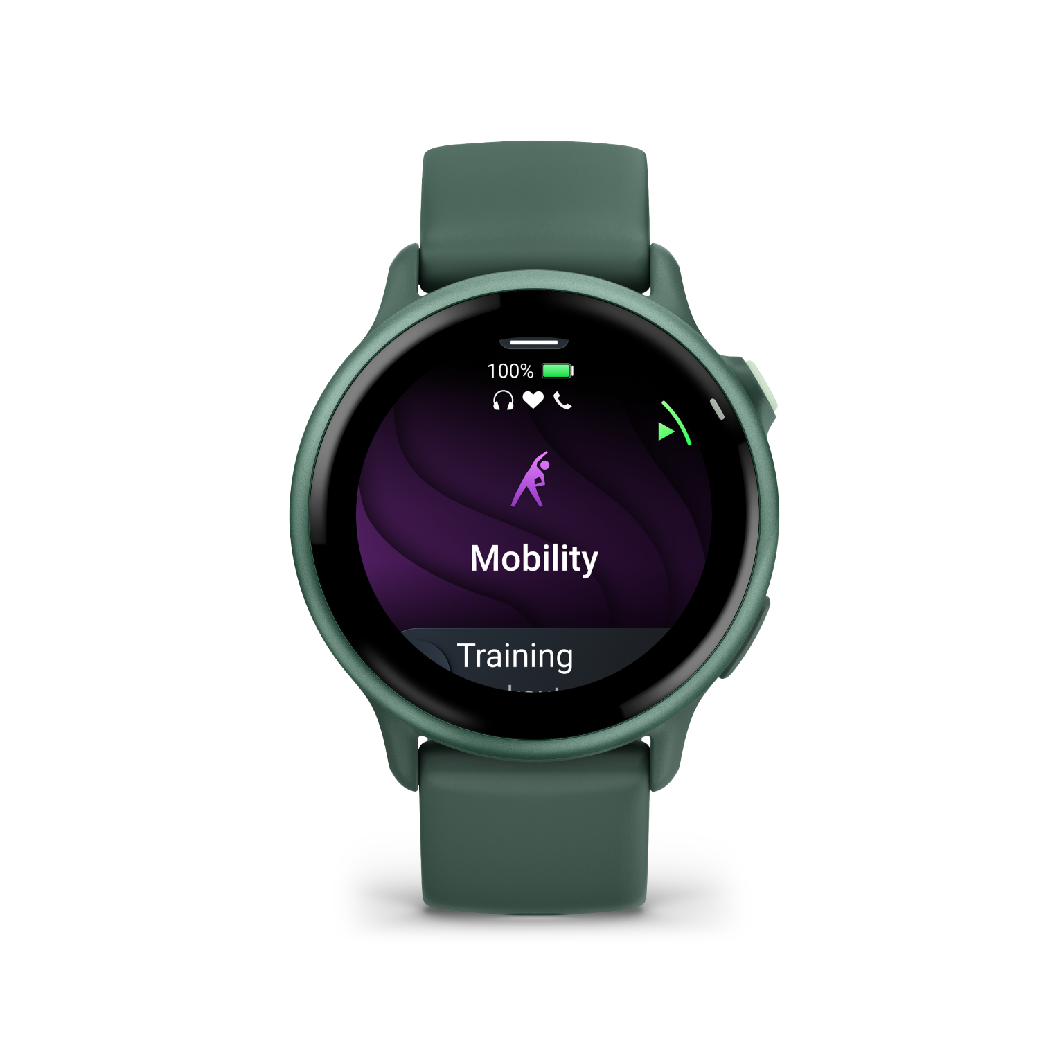 Un reloj inteligente verde que muestra "Mobility Training" en la pantalla, con iconos de fitness y estado de la batería.