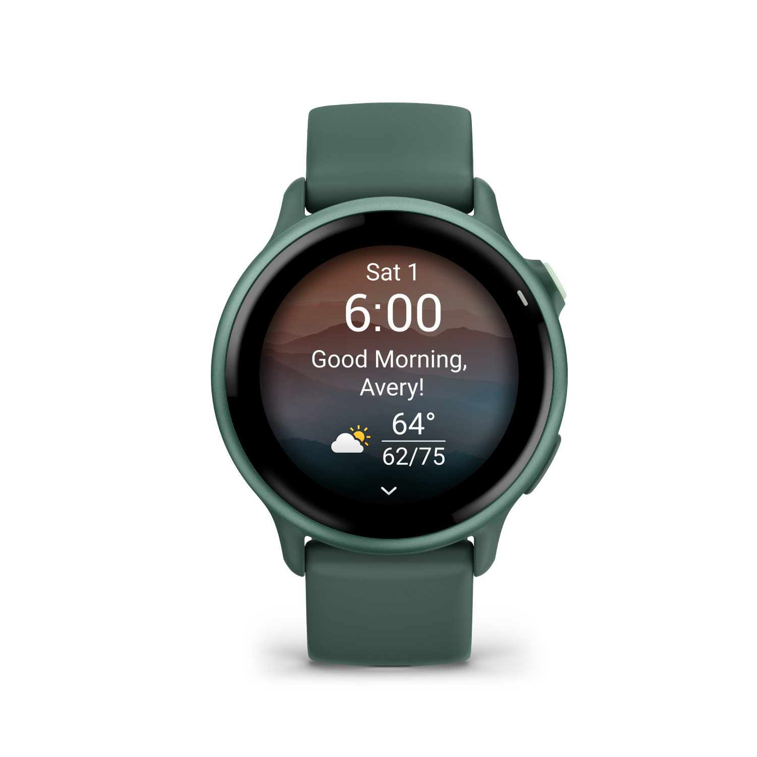 Smartwatch verde con visualización de la hora: Sáb 1, 6:00, ¡Buenos días, Avery! 64°/75°. Fondo negro.