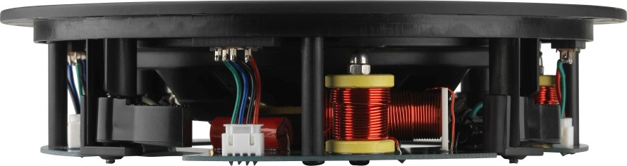 Composants internes d'un haut-parleur, y compris fils, bobines et circuits, vus de côté.