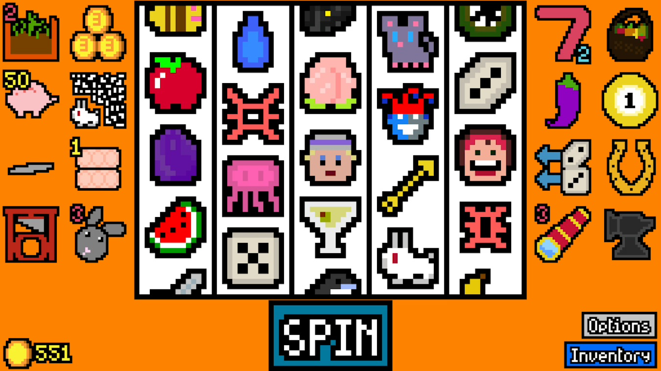 Interfaz de máquina tragamonedas pixelada con varios símbolos. Un fondo naranja.