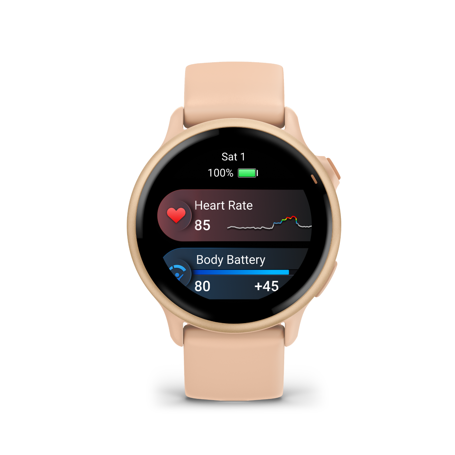 Un reloj inteligente de color claro que muestra métricas de salud. El reloj muestra la frecuencia cardíaca y la batería.