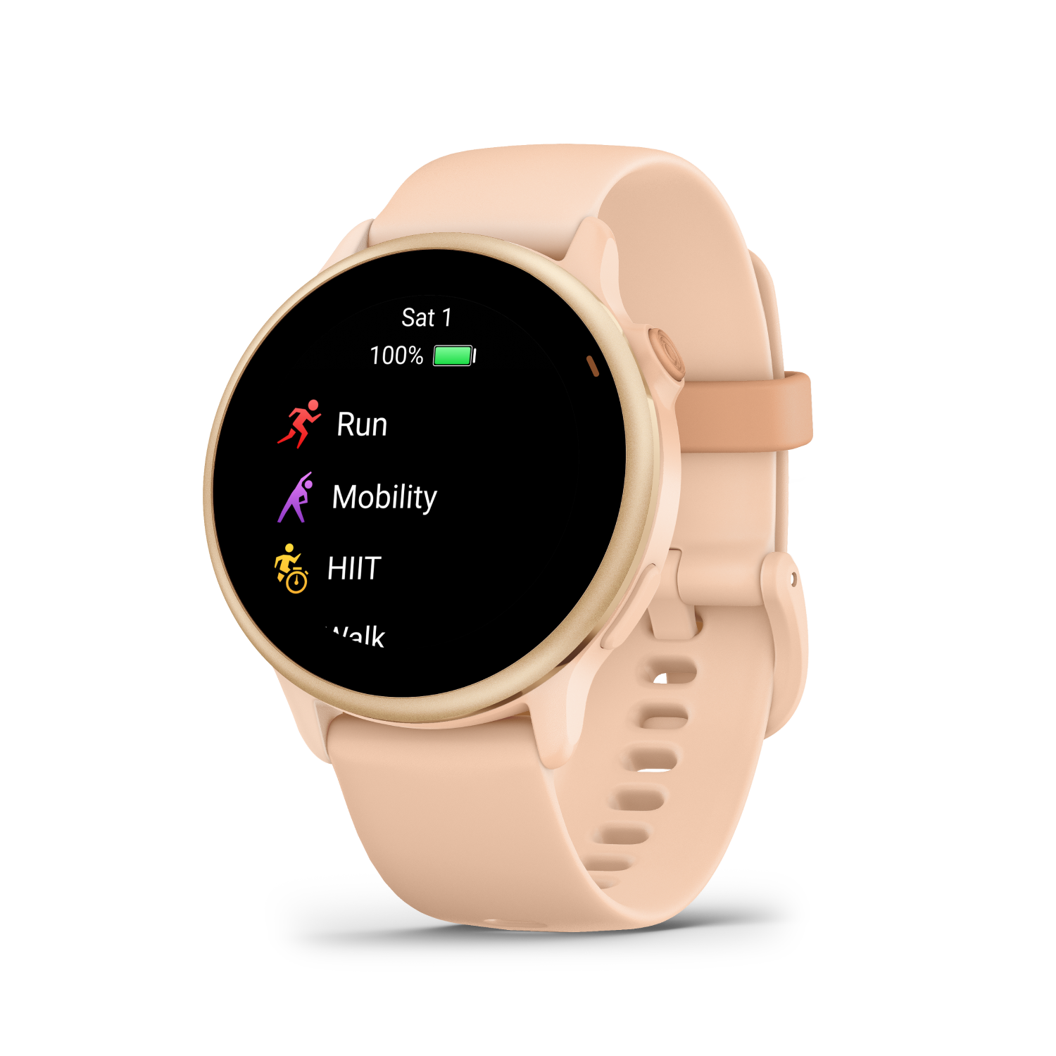 Un smartwatch con una pantalla circular, que muestra métricas de fitness y un indicador de batería.