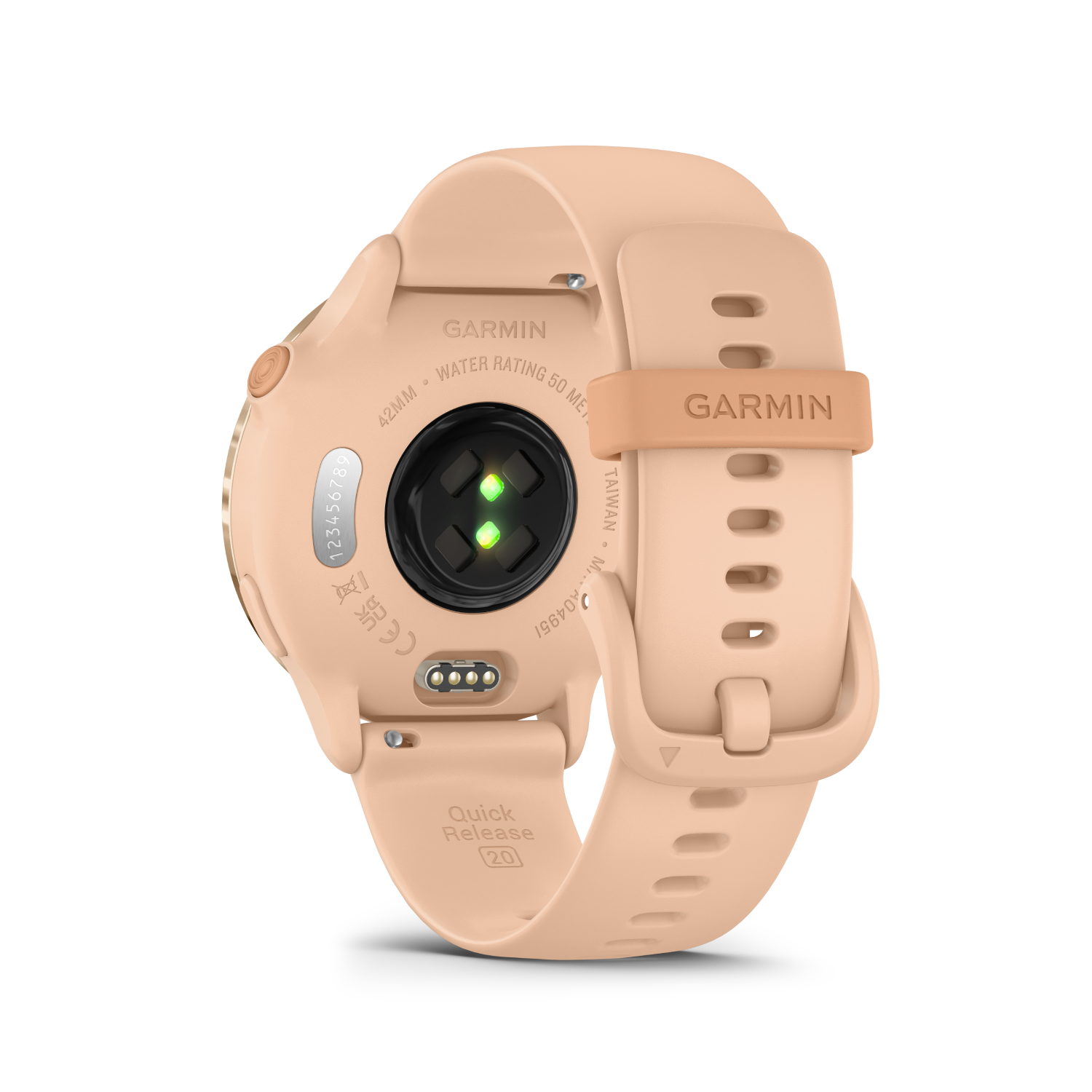 Vista trasera de un smartwatch Garmin con una correa rosa claro, mostrando el sensor.