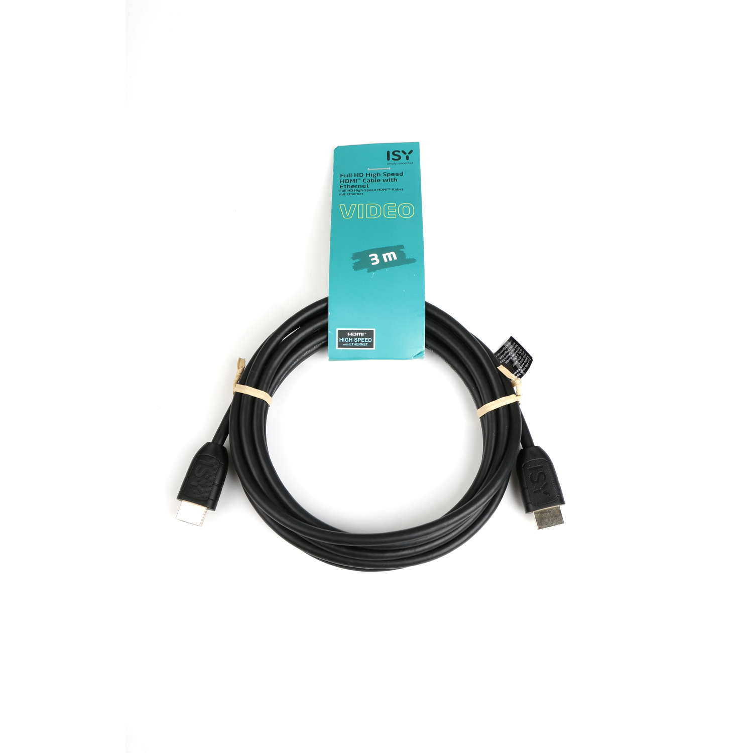 Een zwarte HDMI-kabel met connectoren aan beide uiteinden, met een groen label.