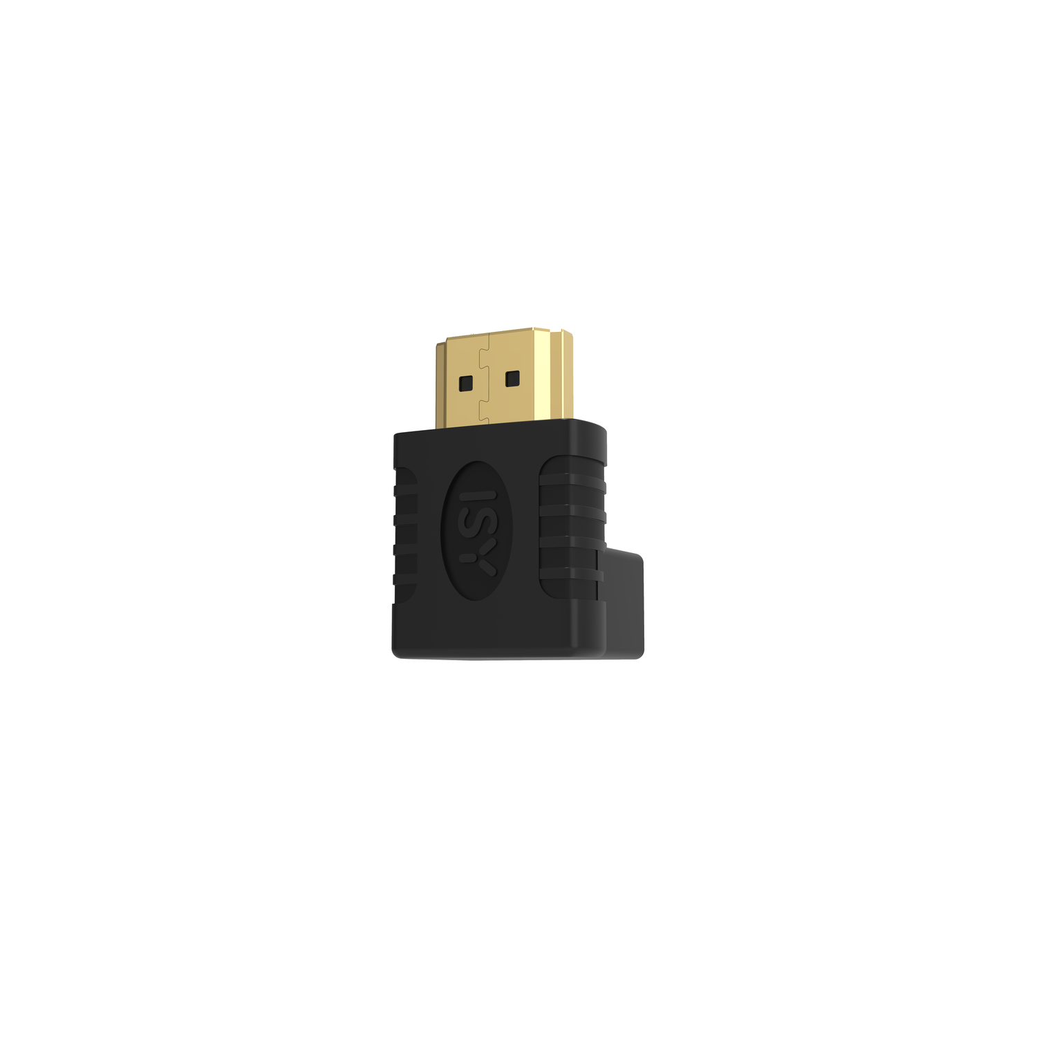 Un adaptateur HDMI est noir et possède un port doré. Il est sur un fond blanc.