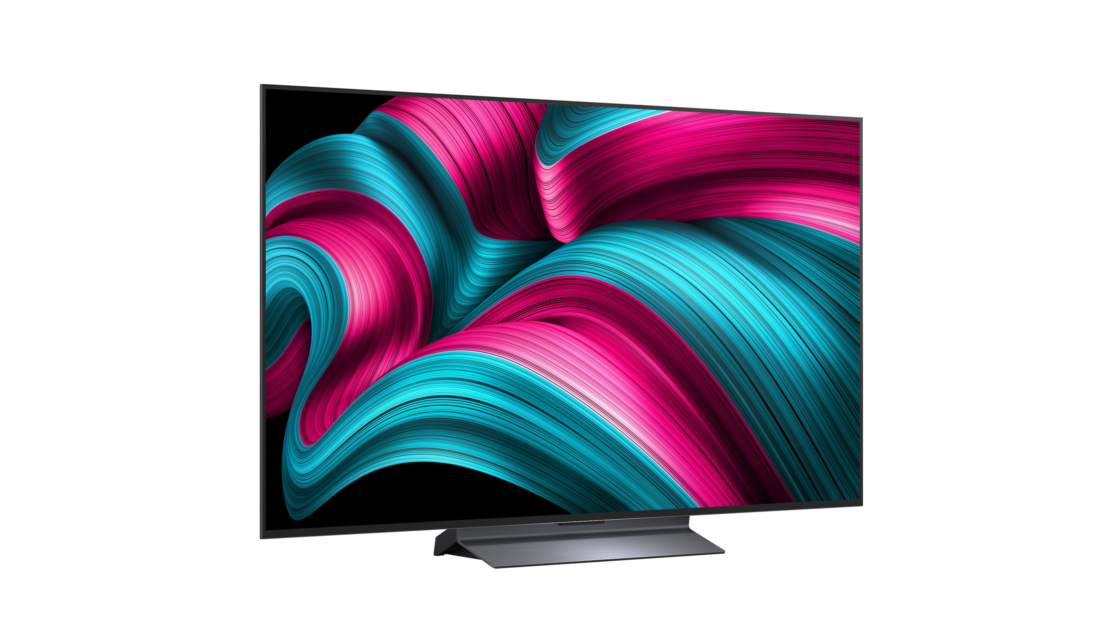 TV-Bildschirm mit farbenfrohem Design. Rosa und blaue Wirbel auf schwarzem Hintergrund.
