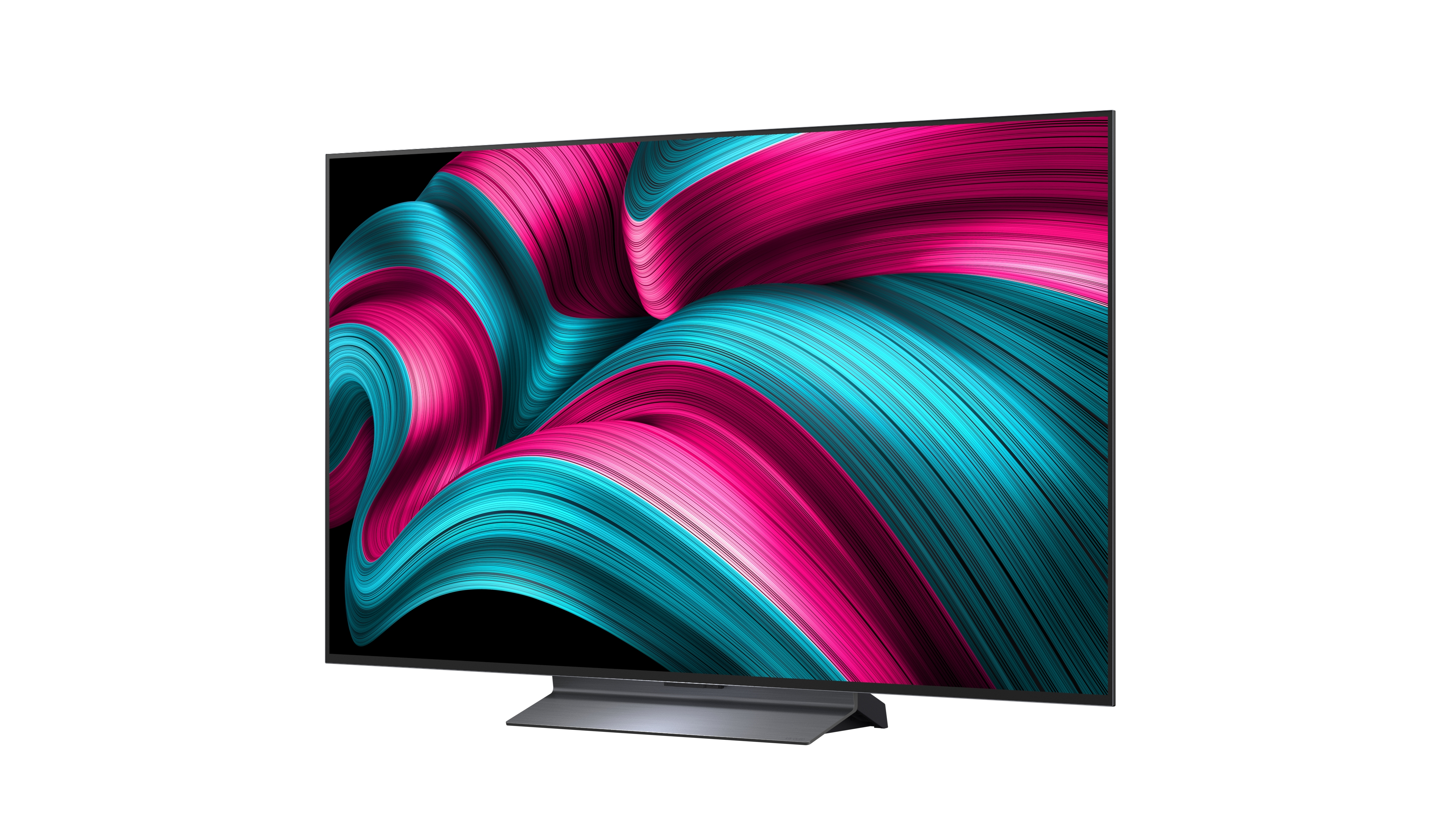 Ein Fernseher auf einem Ständer, der eine abstrakte, farbenfrohe Anzeige zeigt, mit einem schwarzen Rahmen.