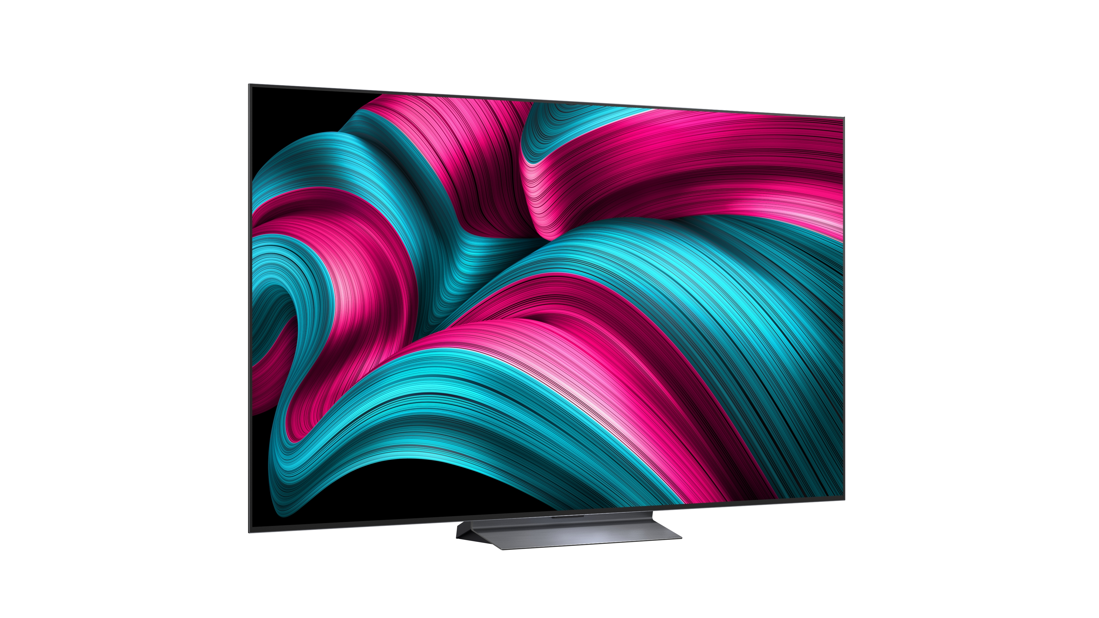 TV-Winkelansicht. Pink, blauer abstrakter Bildschirm. Schwarzer Rahmen, silberner Sockel, weißer Hintergrund.