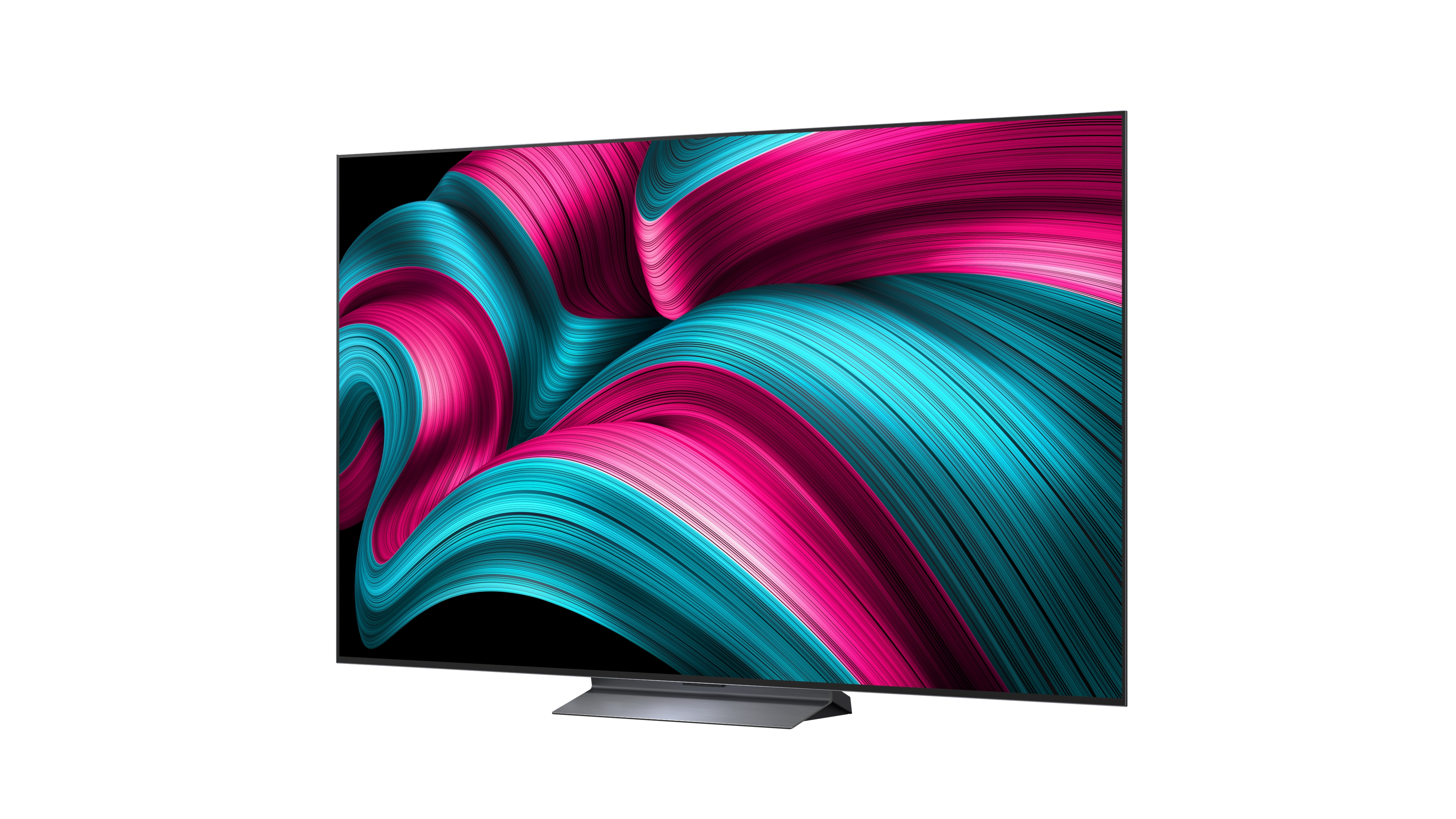 Ein moderner Flachbildfernseher zeigt ein farbenfrohes abstraktes Design aus wirbelndem Rosa und Türkis.