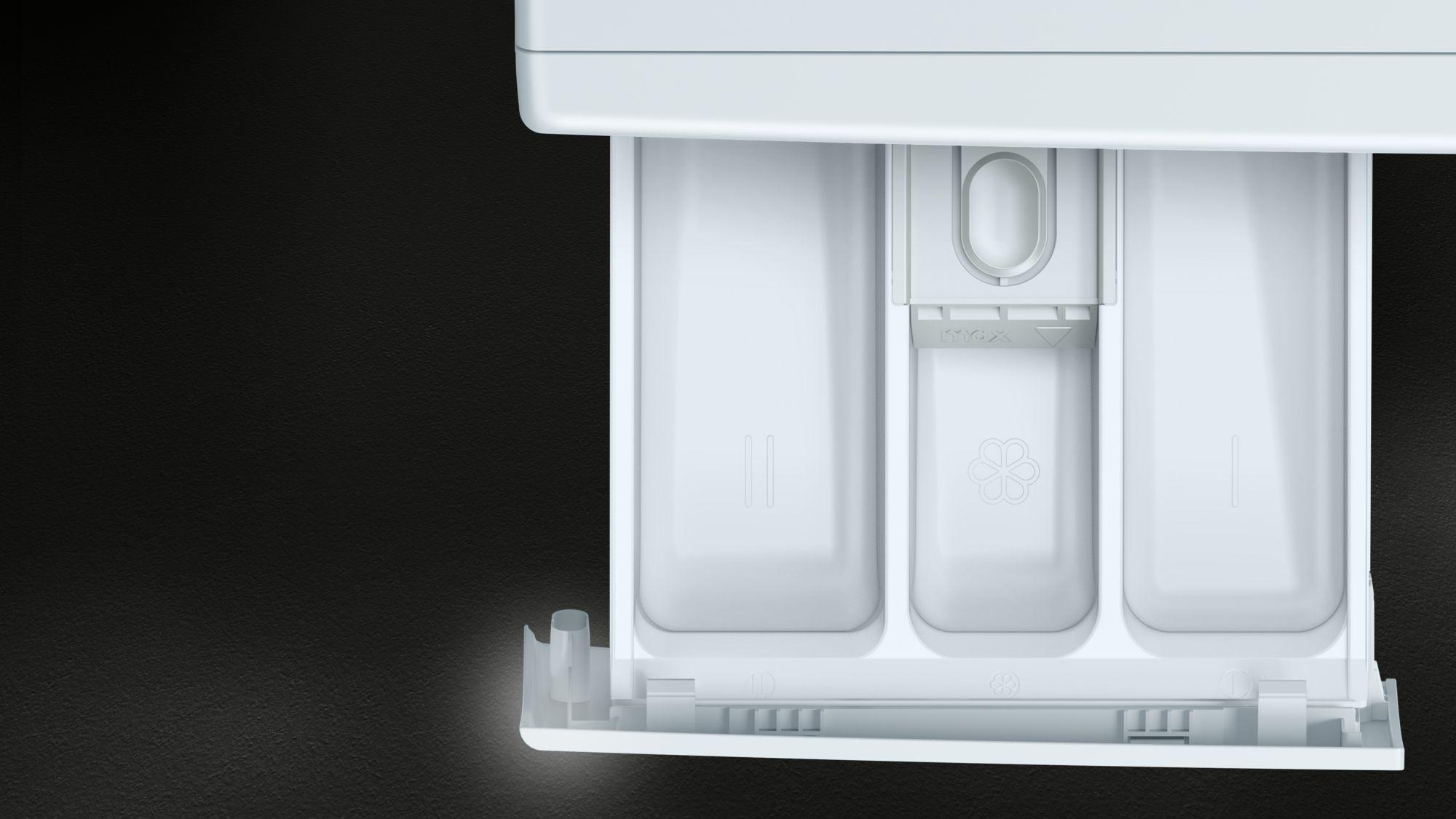 Weiße Waschmittel Schublade, drei Fächer offen.