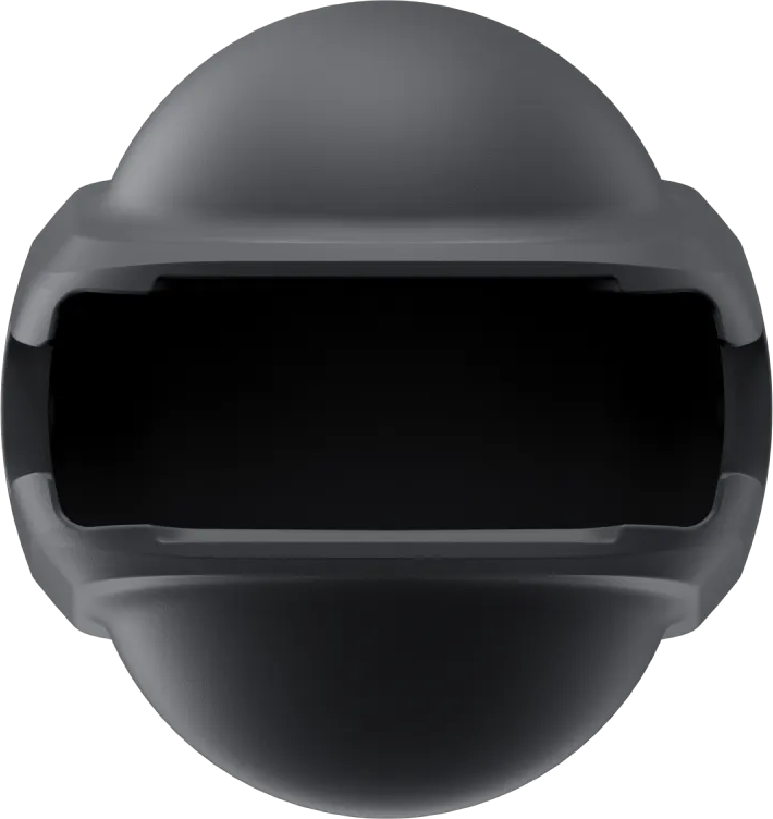Ein schwarzes VR-Headset, runde Form, mit schwarzem Bildschirm und schwarzem Hintergrund.
