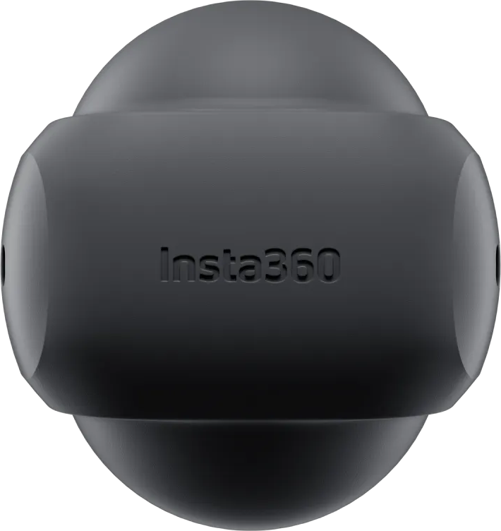 Eine schwarze, kugelförmige Insta360-Kamera, mit geprägtem Insta360-Logo.