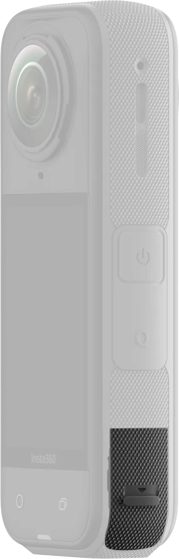 Insta360-Kamera. Grau und Schwarz. Verfügt über ein Objektiv, einen Bildschirm und einen Ein- / Ausschalter.