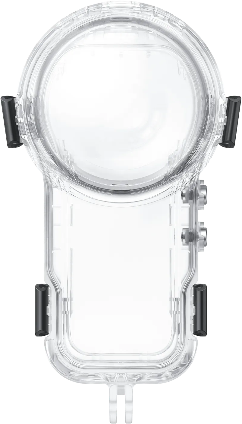Boîtier de caméra étanche transparent avec boutons et une ouverture d'objectif circulaire. Accents noirs sur les côtés.