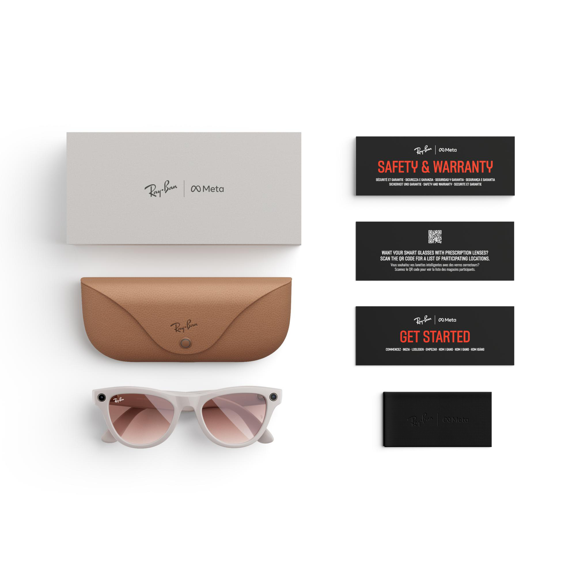 Ray-Ban Meta Smart-Brille, Etui und Zubehör. Enthält Karten mit Sicherheits- und Startinformationen.