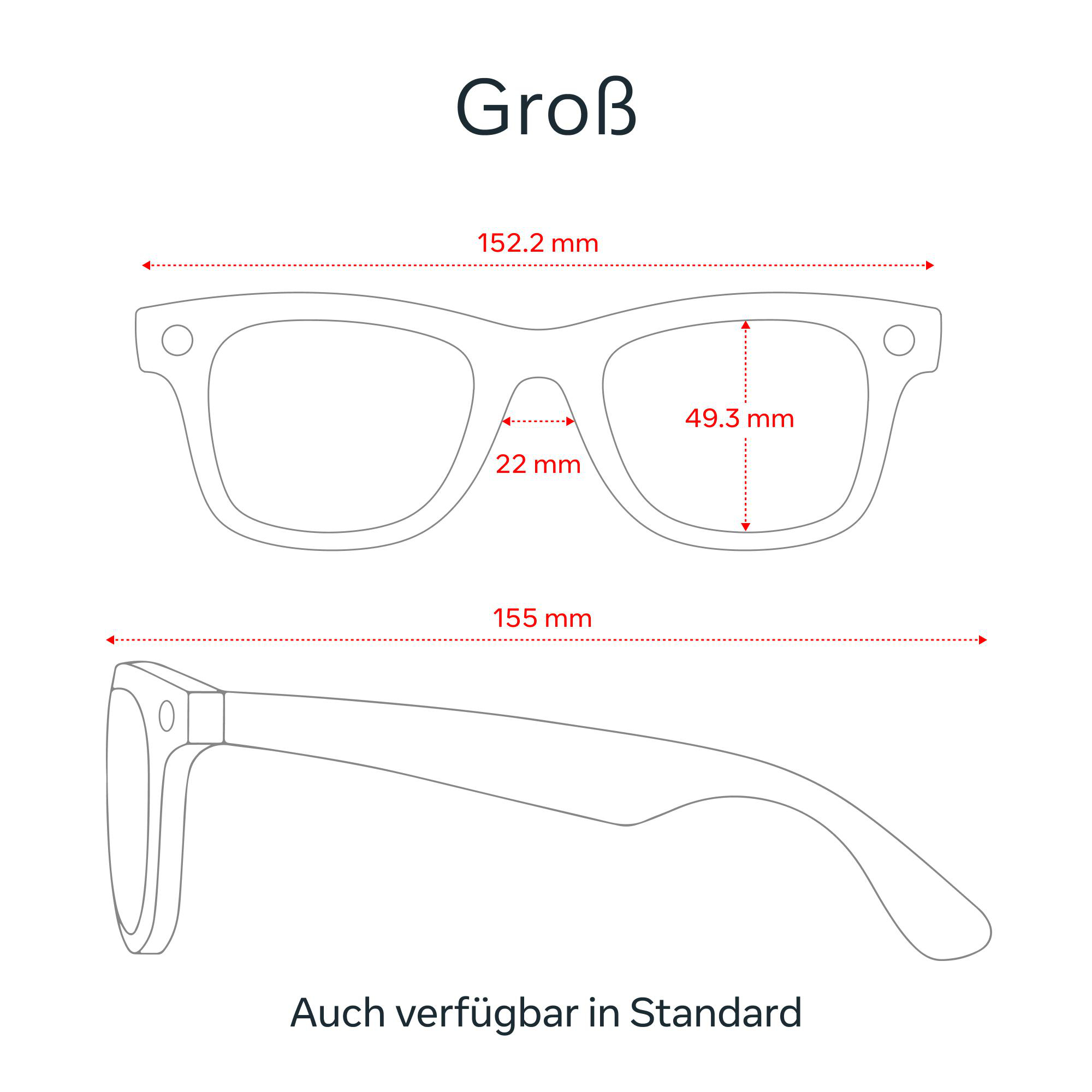 Brillengestelldiagramm mit Maßen. Draufsicht und Seitenansicht.