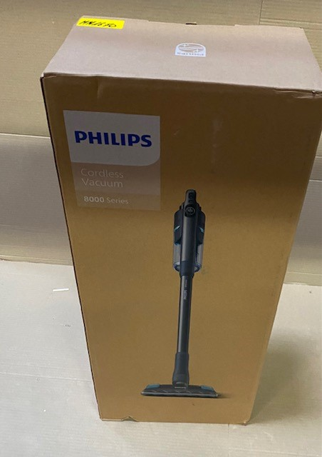 Pudełko odkurzacza bezprzewodowego Philips serii 8000. Ilustracja odkurzacza na pudełku.