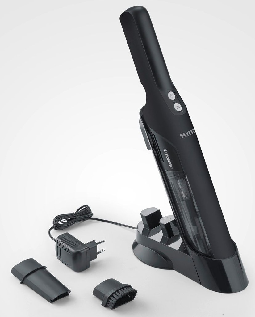 Czarny odkurzacz ręczny, stacja ładująca i akcesoria. Białe tło.