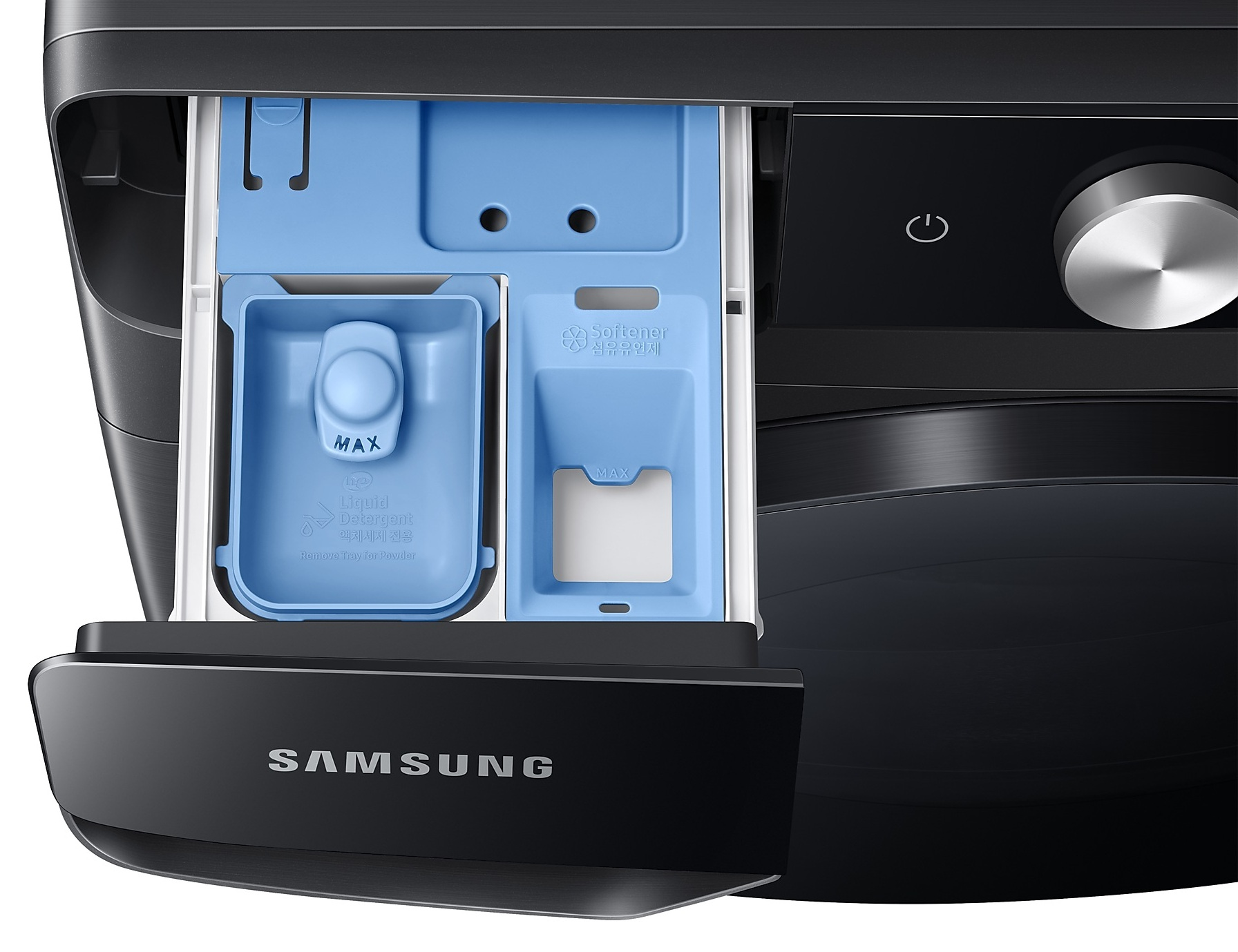 Szuflada pralki z przegródkami na płyn do prania i płyn do płukania.