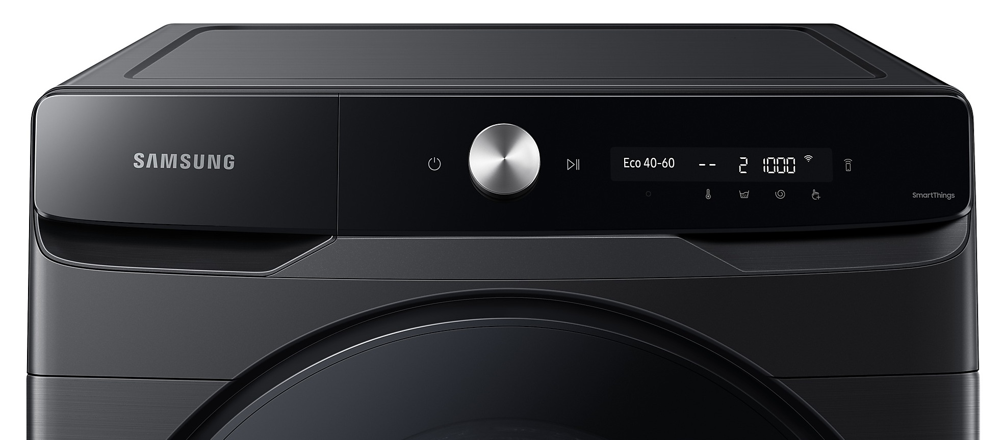 Zbliżenie panelu sterowania czarnej pralki, wyświetlającego ustawienia i okrągły przycisk.