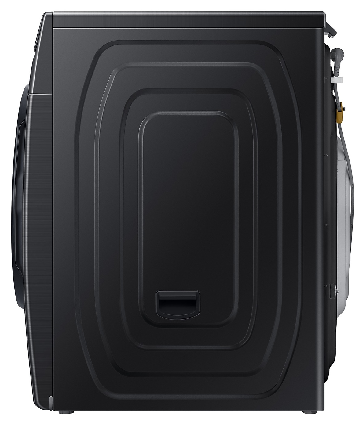 Czarna pralka, widok z boku.