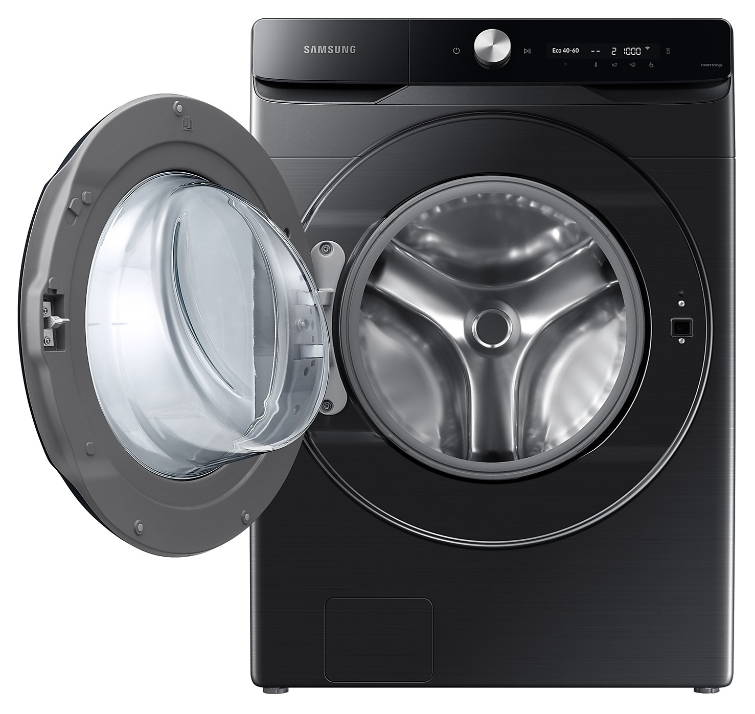 Czarna pralka Samsung z otwartymi drzwiami. Widoczne wnętrze bębna.