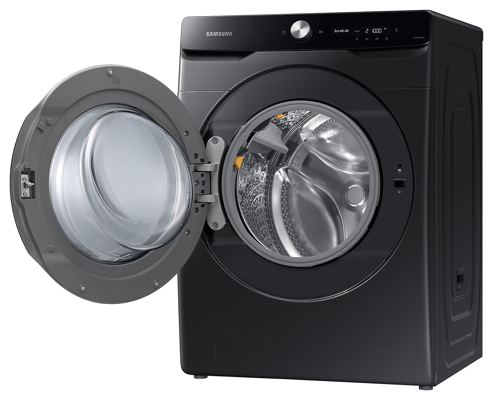 Czarna pralka z otwartymi drzwiami, pokazująca bęben.