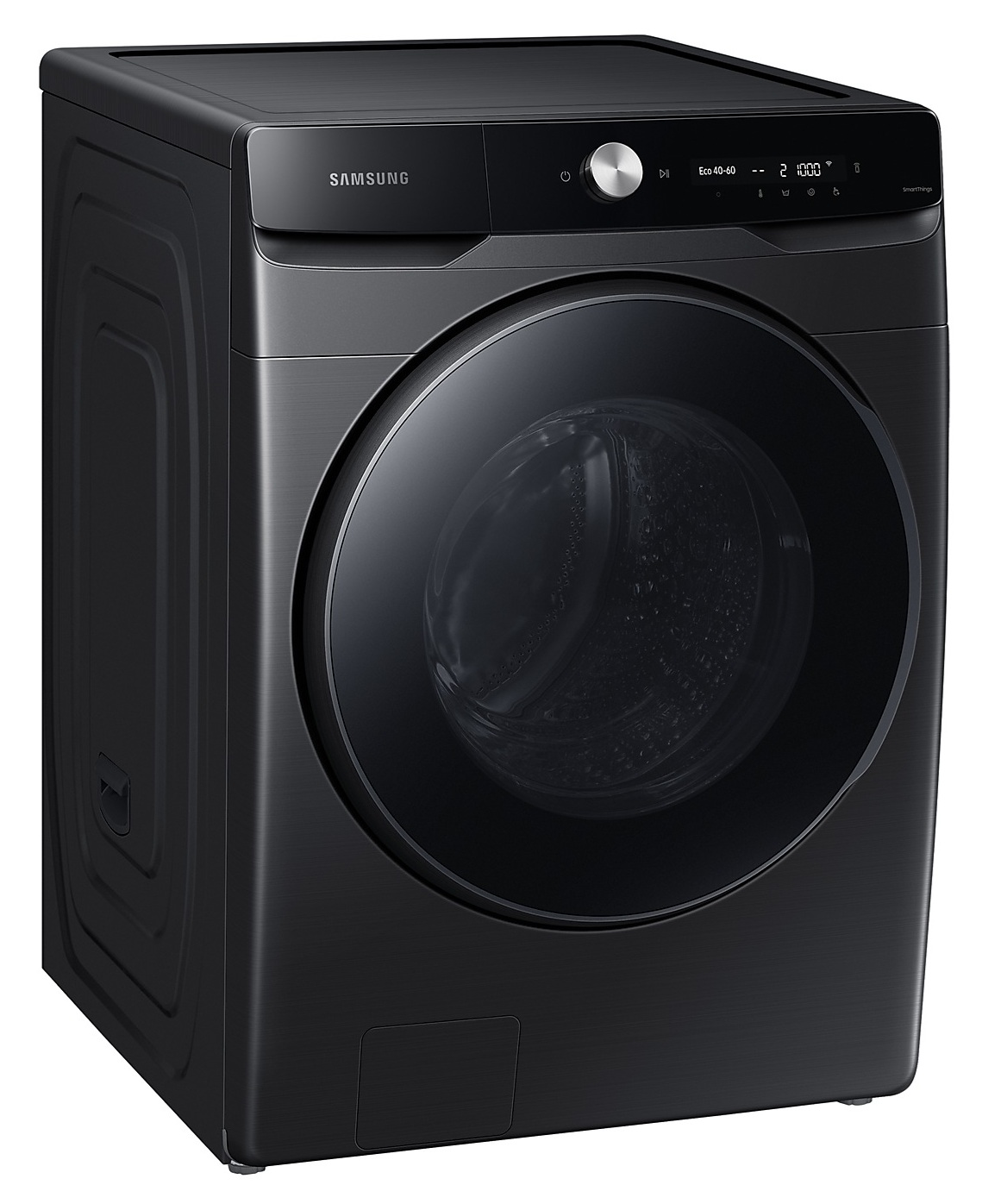 Czarna pralka Samsung z dużymi, zaokrąglonymi szklanymi drzwiami.