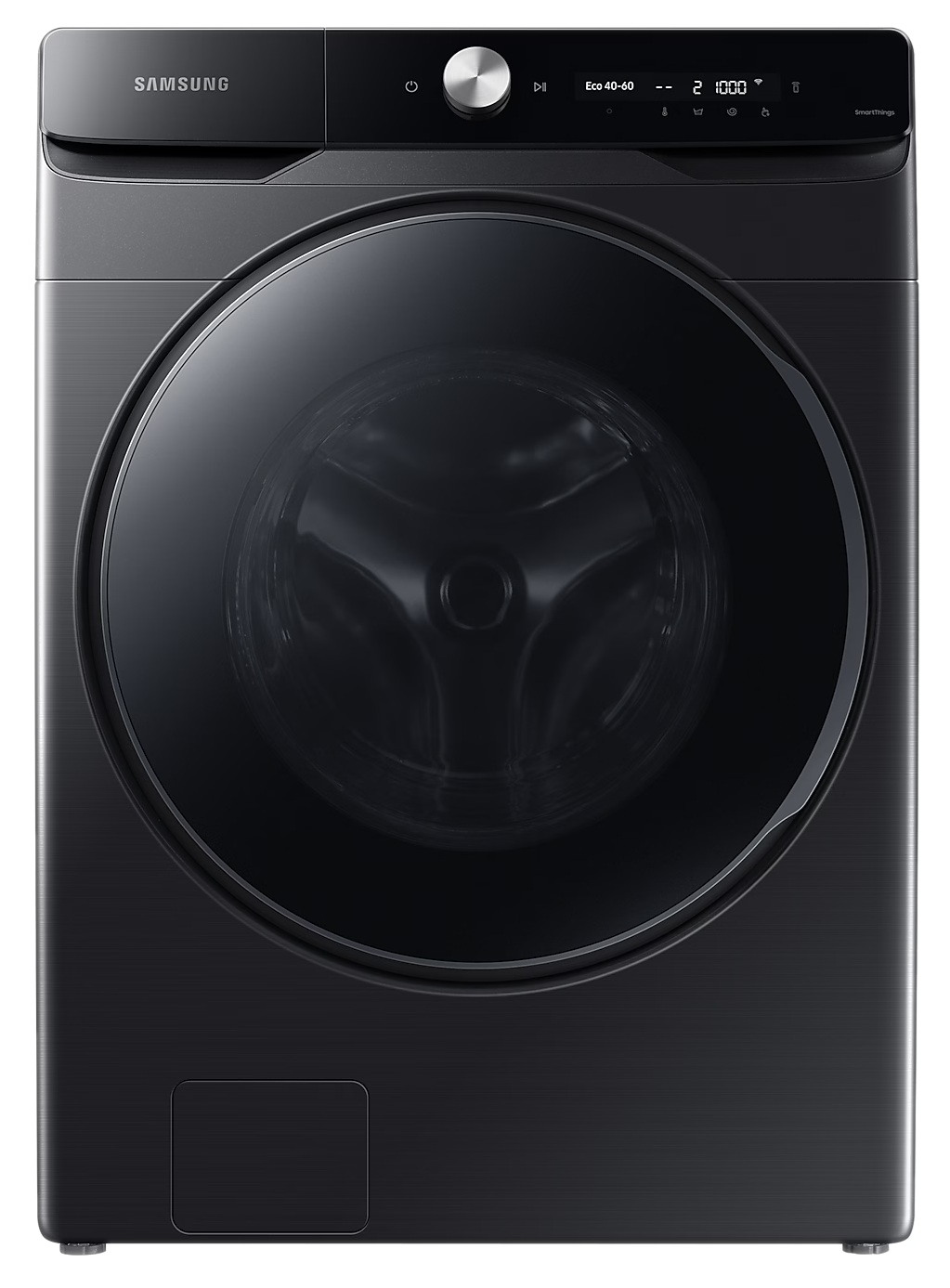 Czarna pralka Samsung. Ma duże czarne drzwi i cyfrowy wyświetlacz na górze.