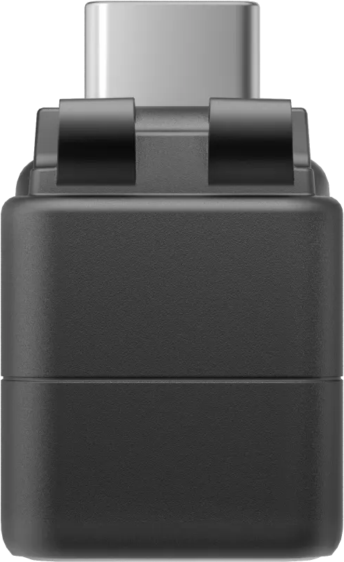 Nahaufnahme eines schwarzen USB-C-Adapters. Die Oberseite ist silber, das Gehäuse schwarz.