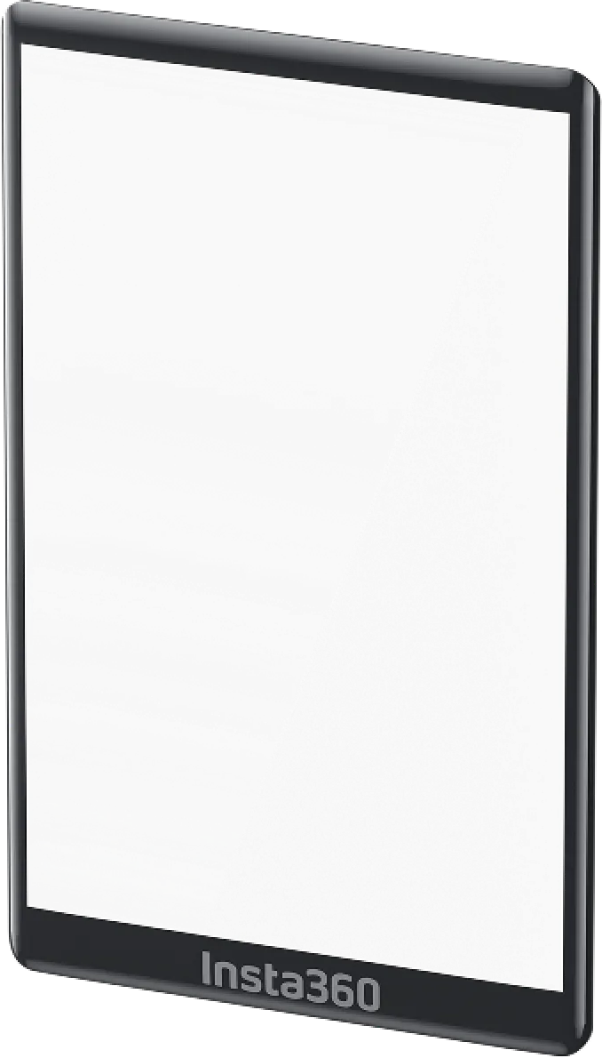 Schwarzes Tablet-Gerät, Bildschirm reflektiert Licht, aufrecht, mit Insta360-Logo.