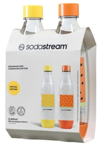 Butelki SodaStream w opakowaniu, z żółtymi i pomarańczowymi nakrętkami i etykietami.