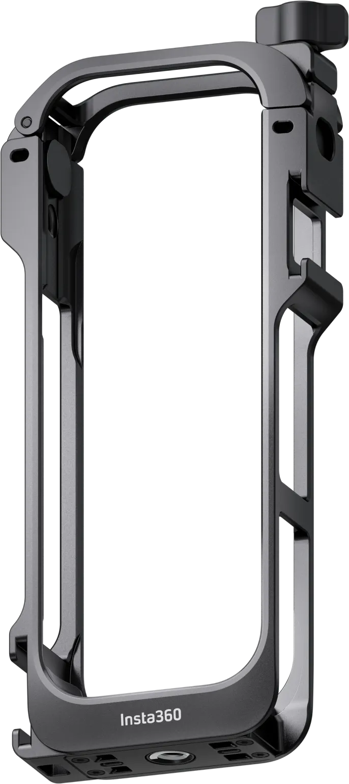 Grauer Metall-Insta360-Käfig für Action-Kameras. Verfügt über einen Montagehalter.