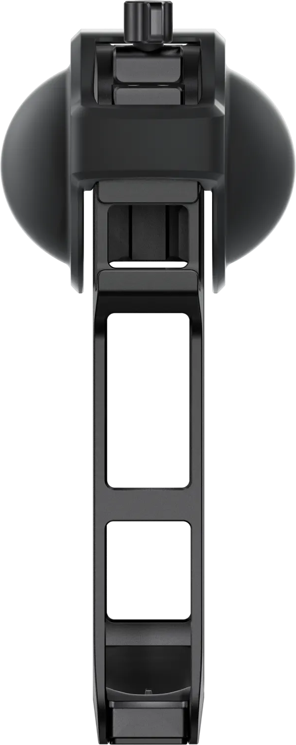Draufsicht auf eine schwarze Kamera. Das Design ist symmetrisch.