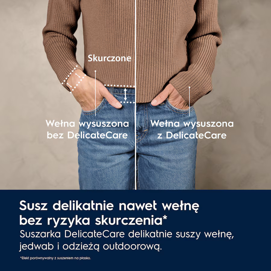Tułów osoby w niebieskich dżinsach i brązowym swetrze z tekstem.