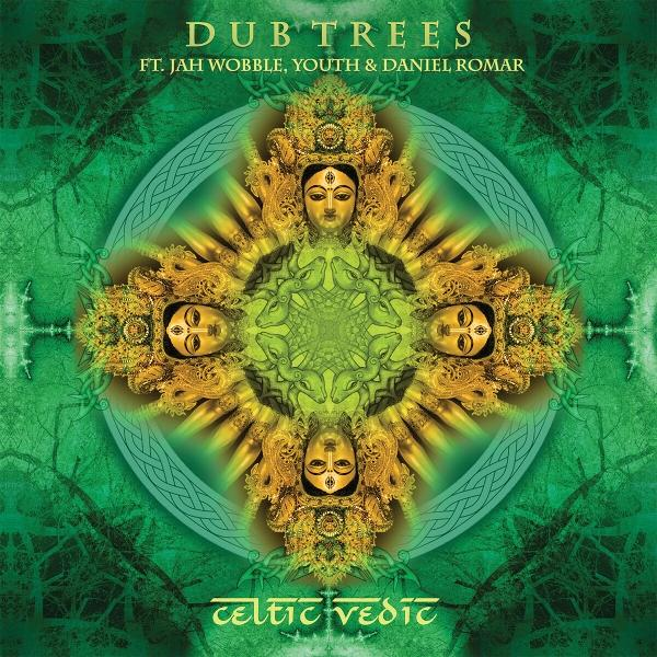 Albumcover mit einem Mandala-Design und vier Gesichtern mit goldenen Farben und grünem Hintergrund.
